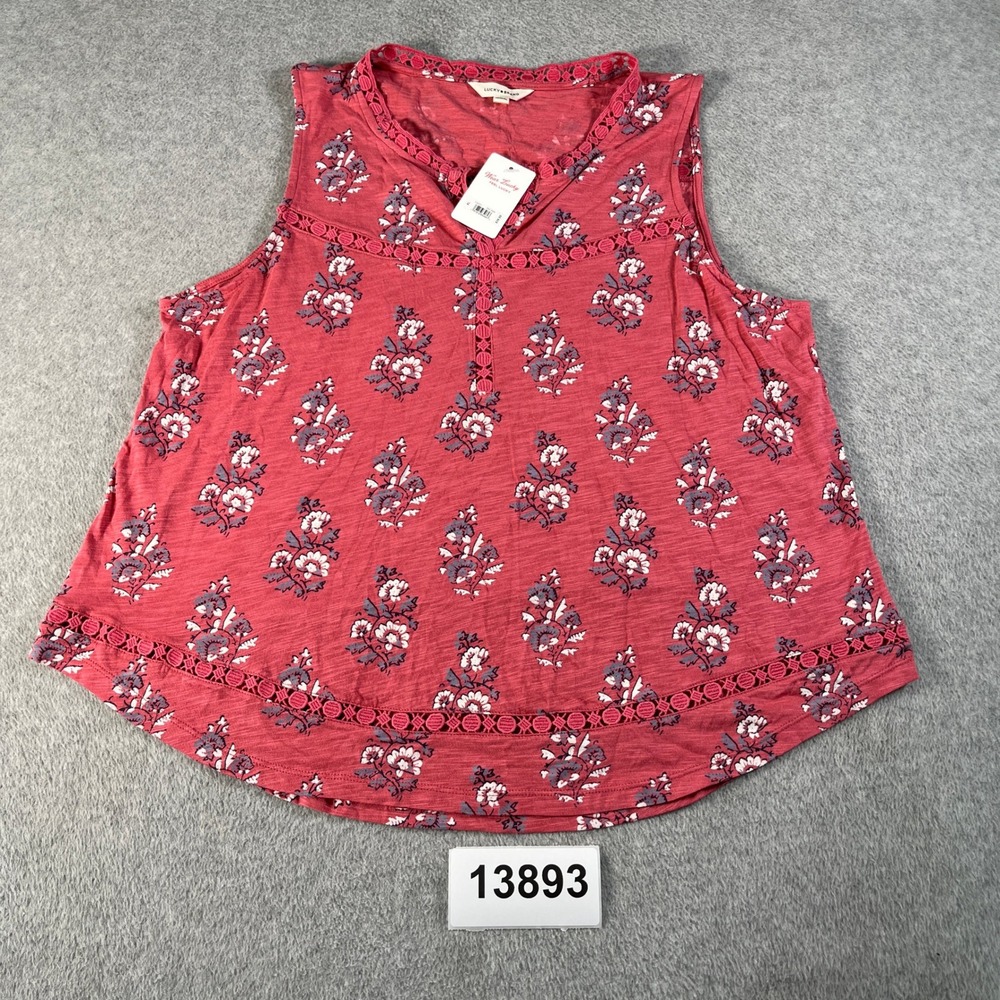 NWT Lucky Brand Tank Top Womens XL Pink Floral Cotton Crochet Neckline Curved